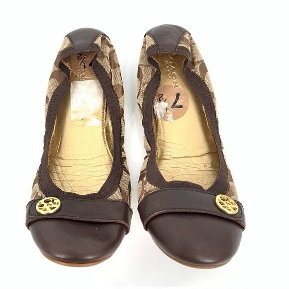 Coach womens Chelsey flats size 7.5 brown monogram cap toe ballet core - Picture 2 of 12
